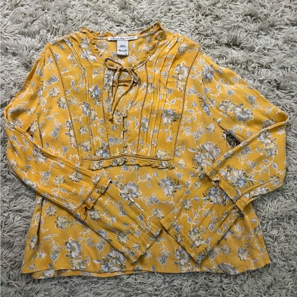 American Rag Yellow Floral Long Sleeve Blouse Size L - Picture 8 of 14